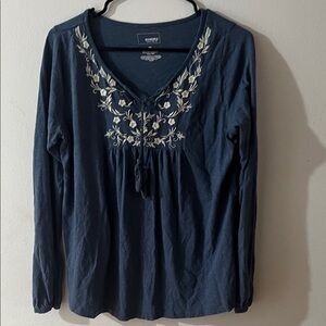 Sonoma Navy Long-Sleeve Embroidered V-Neck Peasant Top